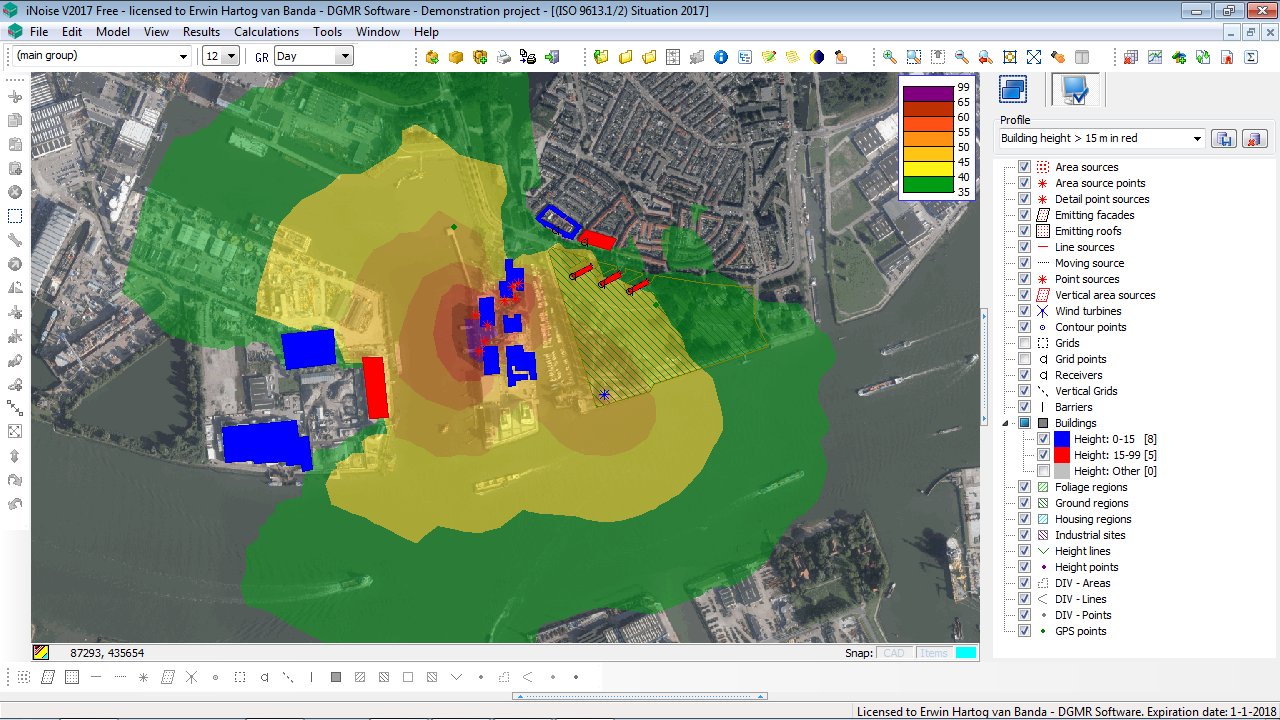 Mapa zasięgu hałasu przemysłowego wygenerowana w oprogramowaniu iNoise – symulacja akustyki środowiskowej