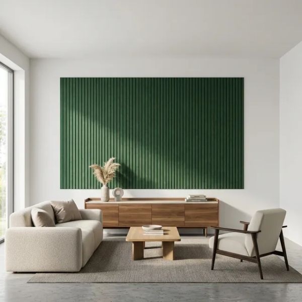 Minimalist cozy living room with decorative wooden acoustic panels
